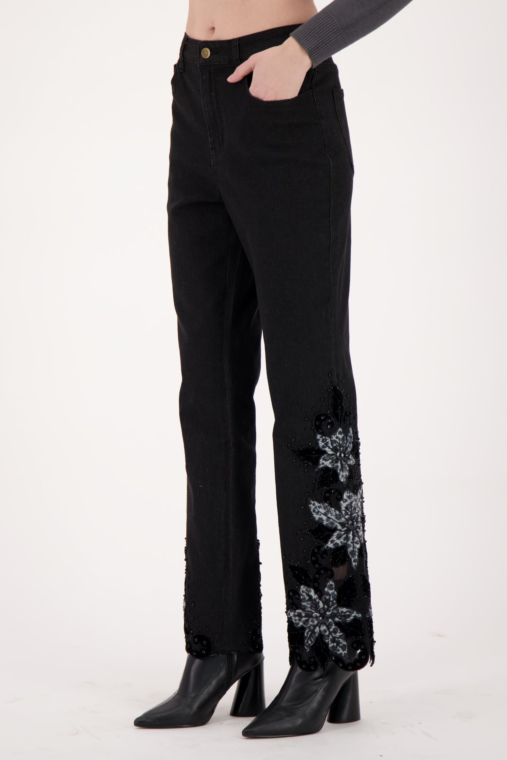 Velboa Leopard Cut Out Beaded Inlay Denim Pant