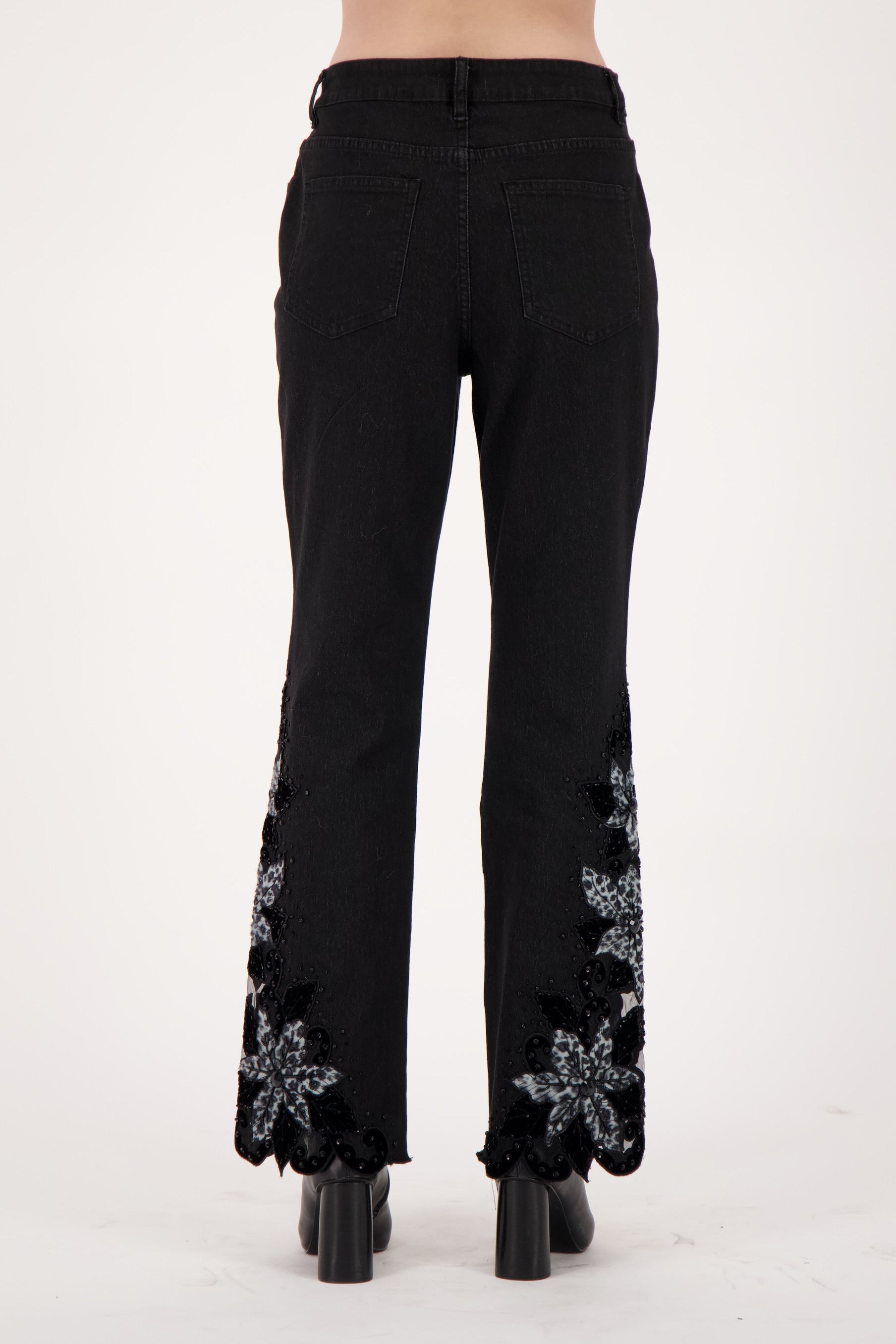 Velboa Leopard Cut Out Beaded Inlay Denim Pant