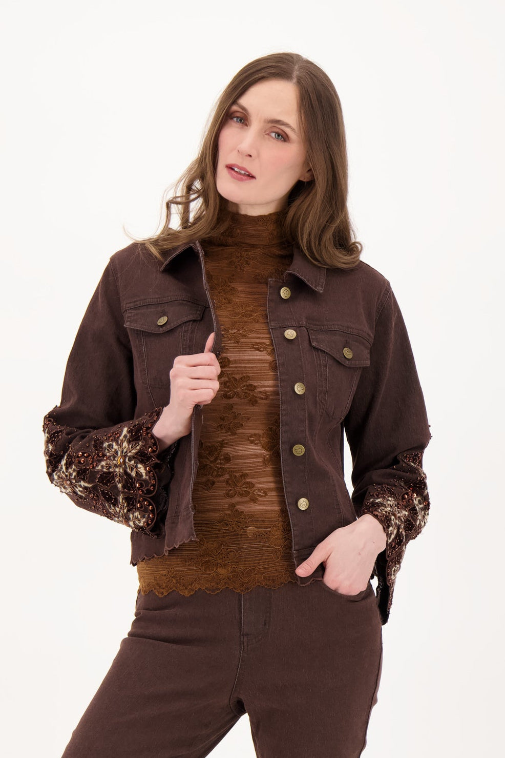 Velboa Leopard Cut Out Beaded Inlay Denim Jacket