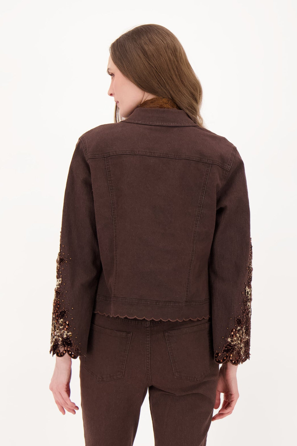 Velboa Leopard Cut Out Beaded Inlay Denim Jacket