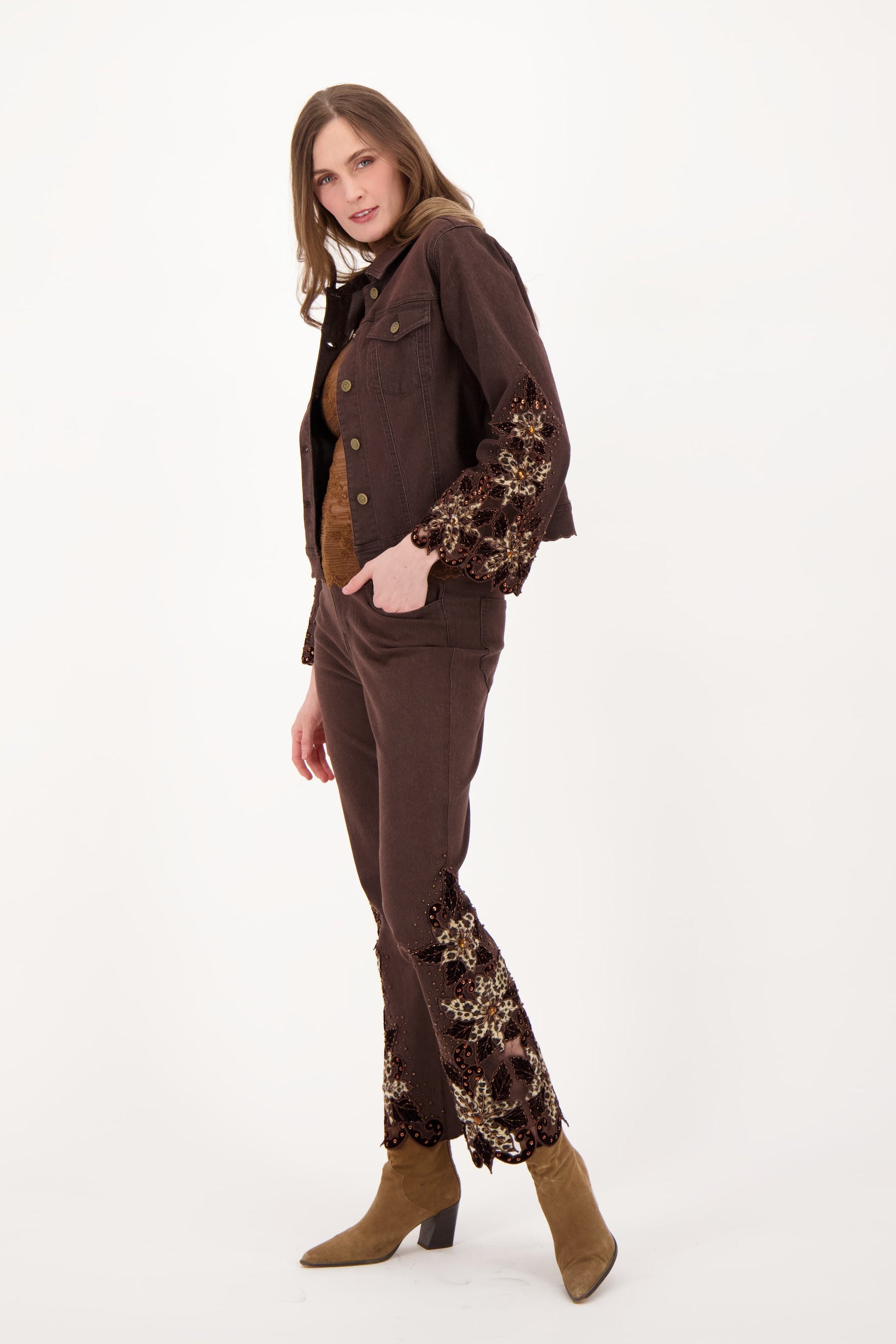 Velboa Leopard Cut Out Beaded Inlay Denim Jacket