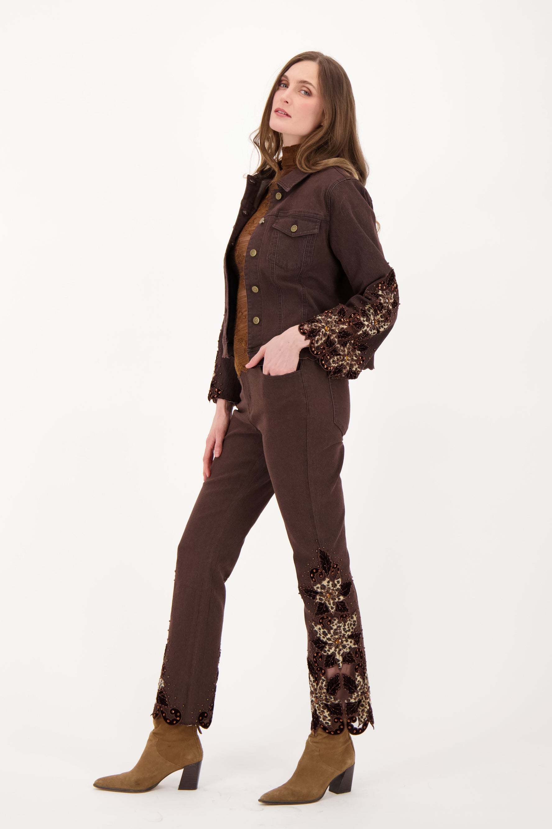 Velboa Leopard Cut Out Beaded Inlay Denim Pant