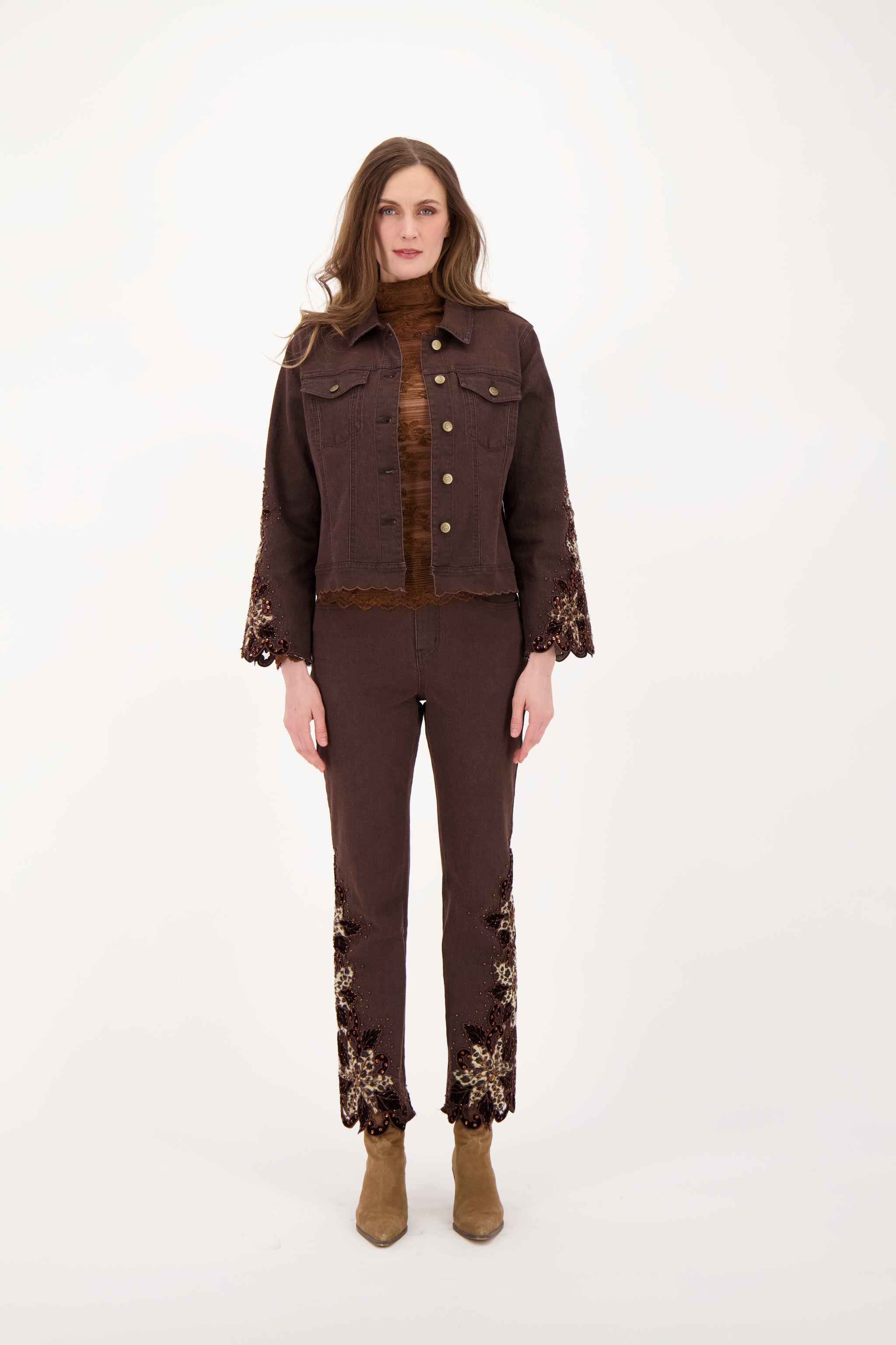 Velboa Leopard Cut Out Beaded Inlay Denim Jacket