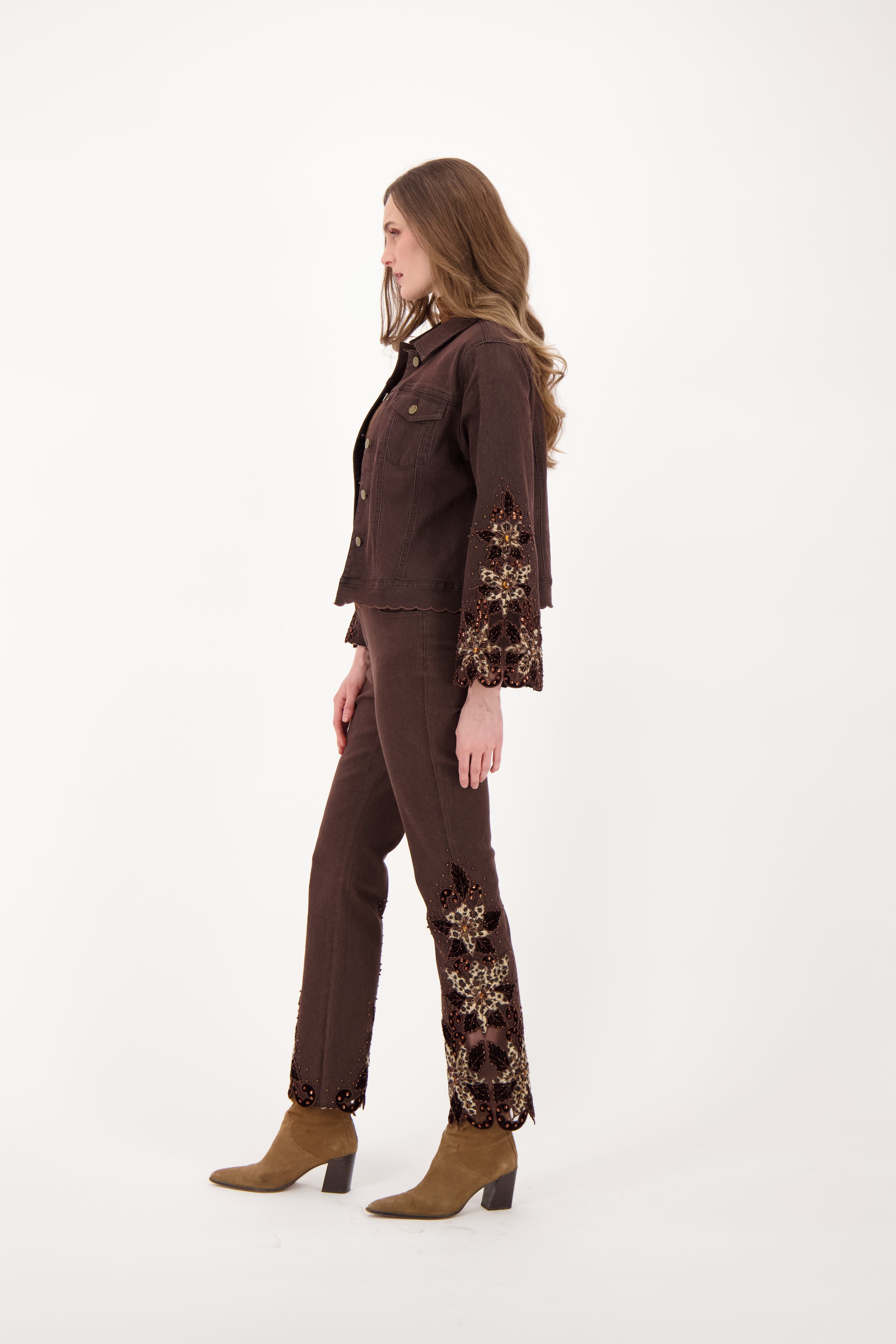Velboa Leopard Cut Out Beaded Inlay Denim Jacket