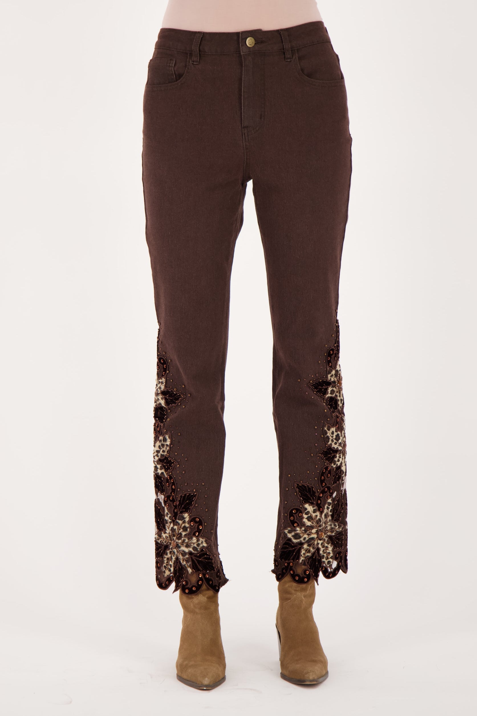Velboa Leopard Cut Out Beaded Inlay Denim Pant