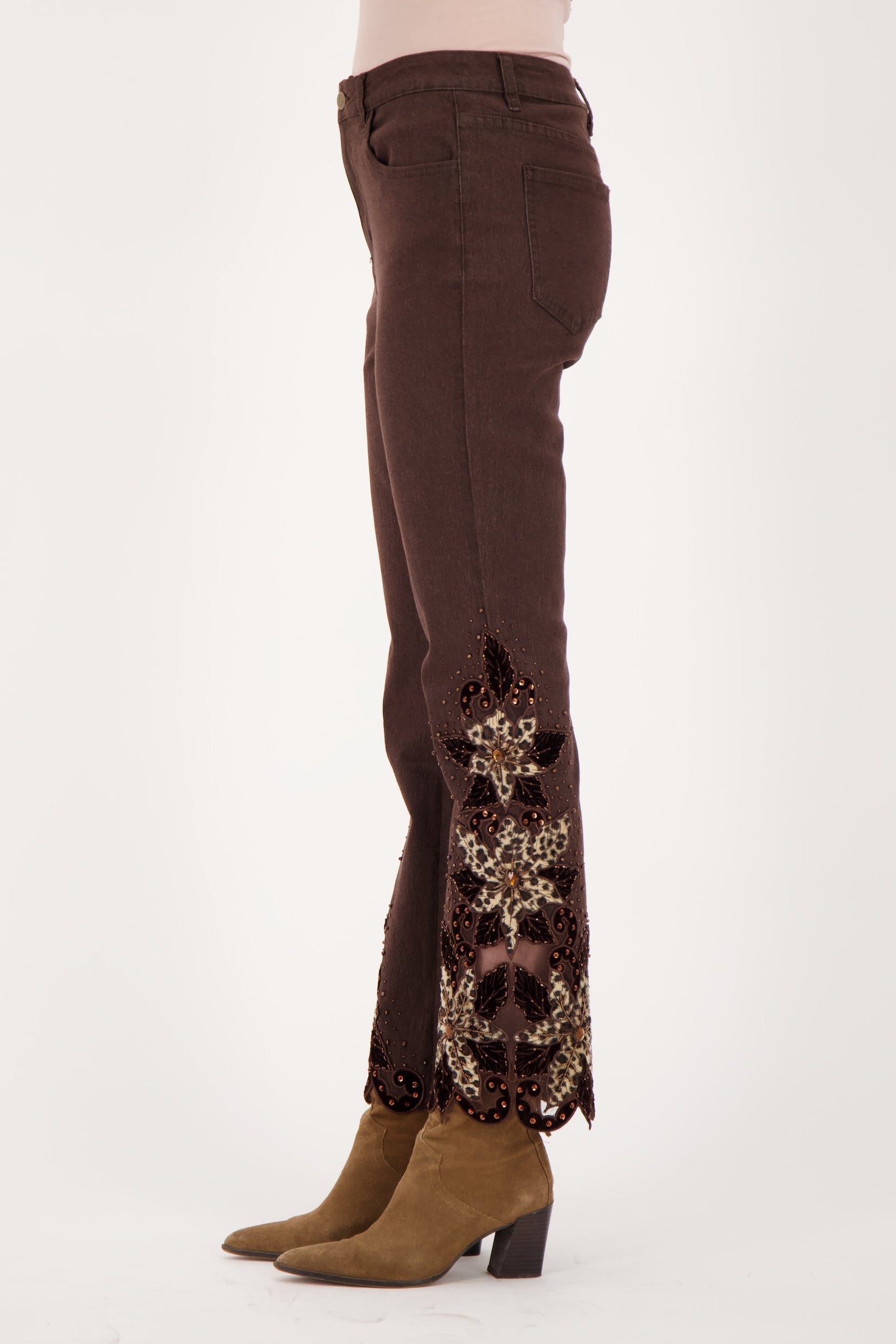 Velboa Leopard Cut Out Beaded Inlay Denim Pant