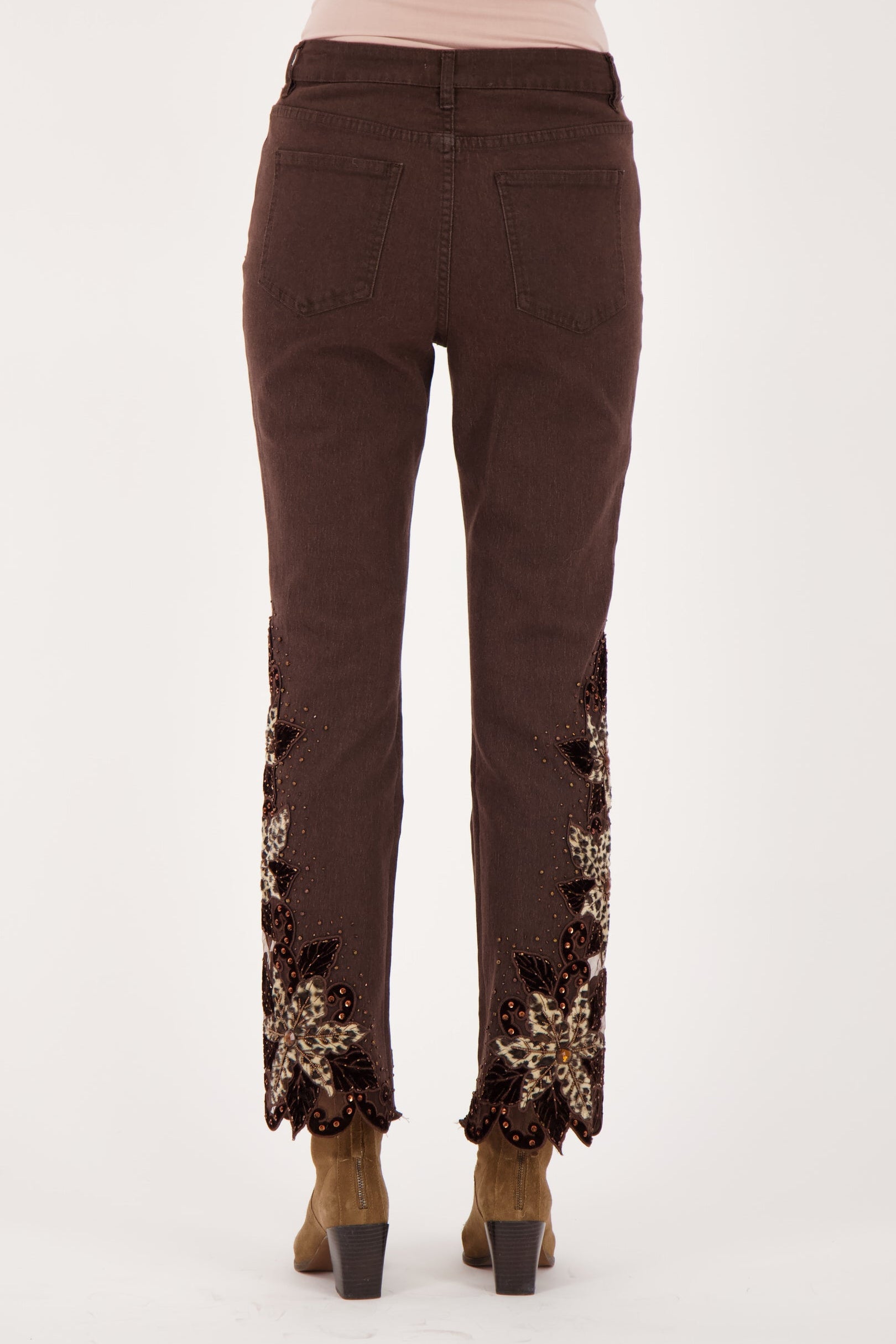 Velboa Leopard Cut Out Beaded Inlay Denim Pant