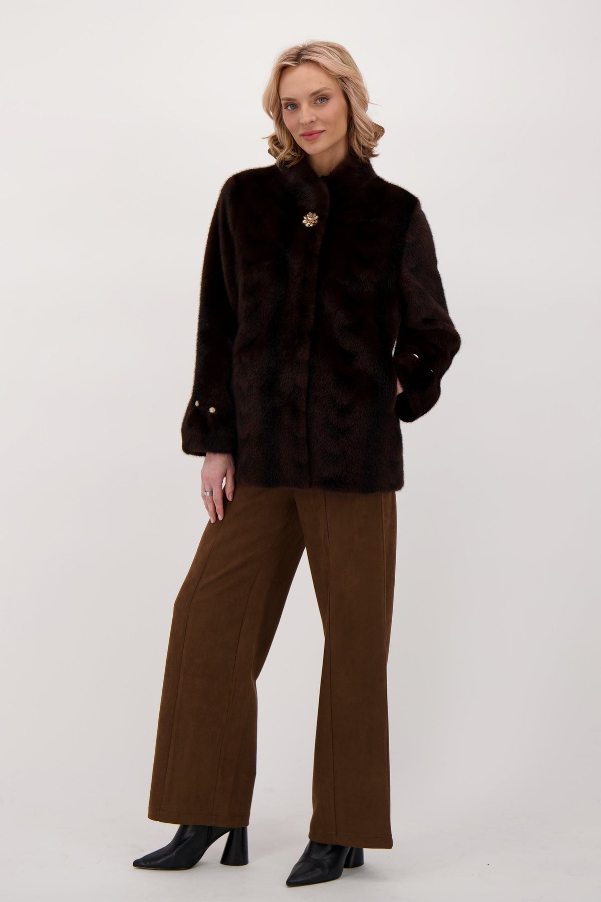 Faux Fur Jacket With Detachable Jeweled Button