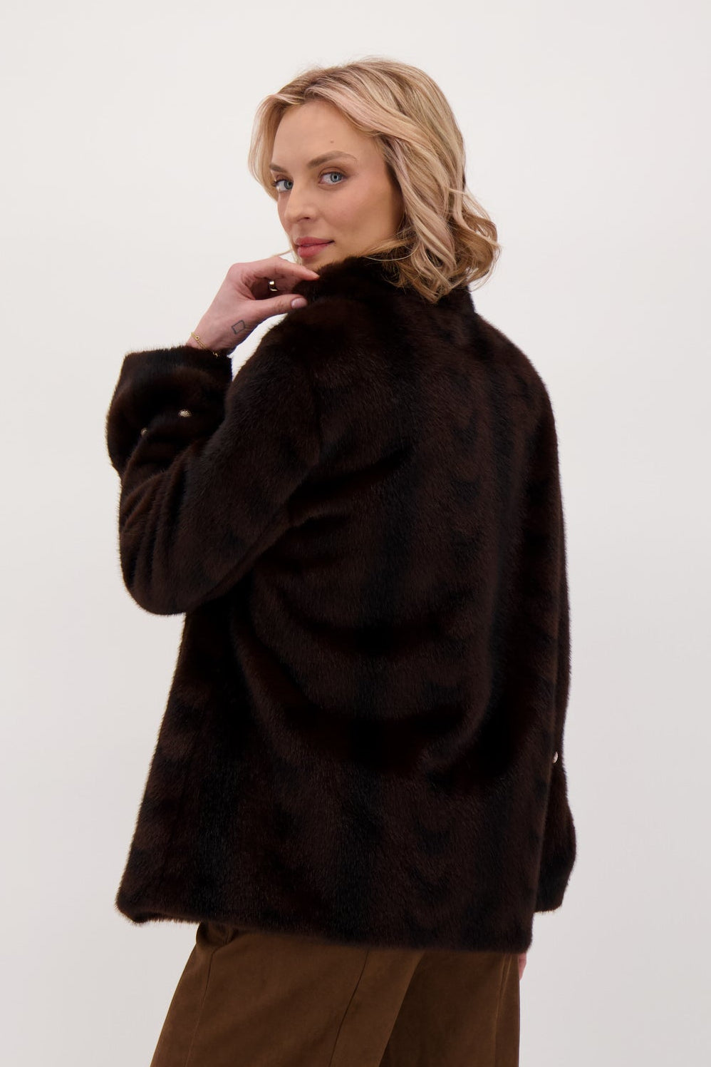Faux Fur Jacket With Detachable Jeweled Button