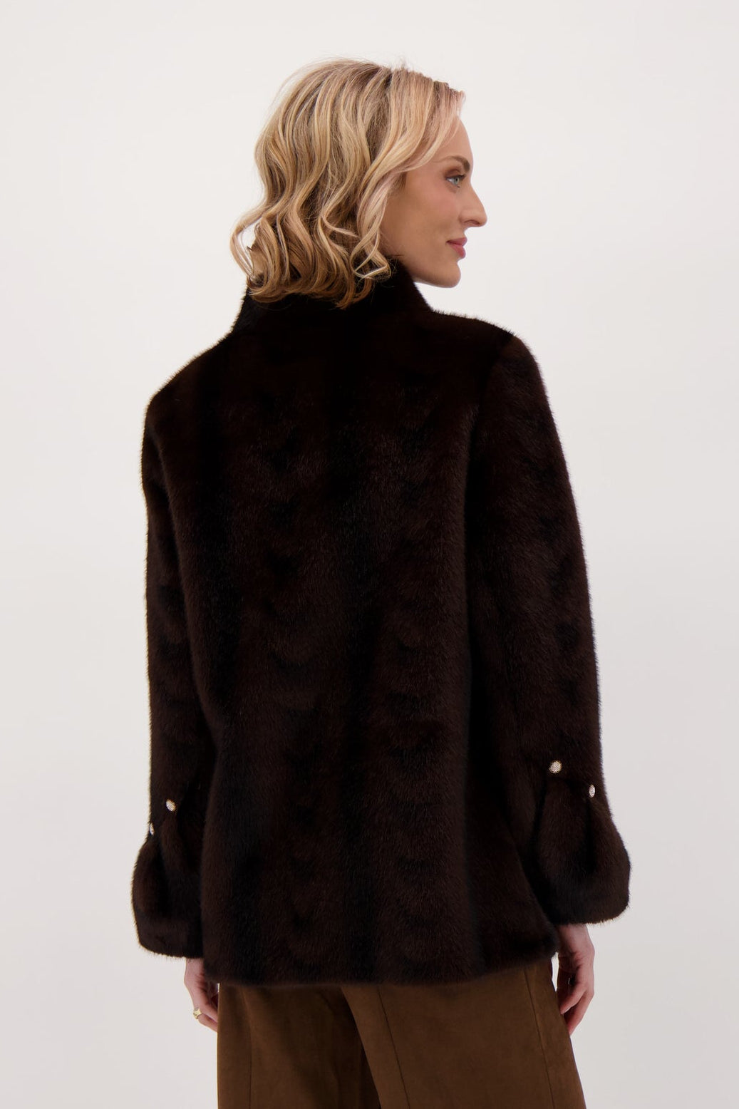 Faux Fur Jacket With Detachable Jeweled Button