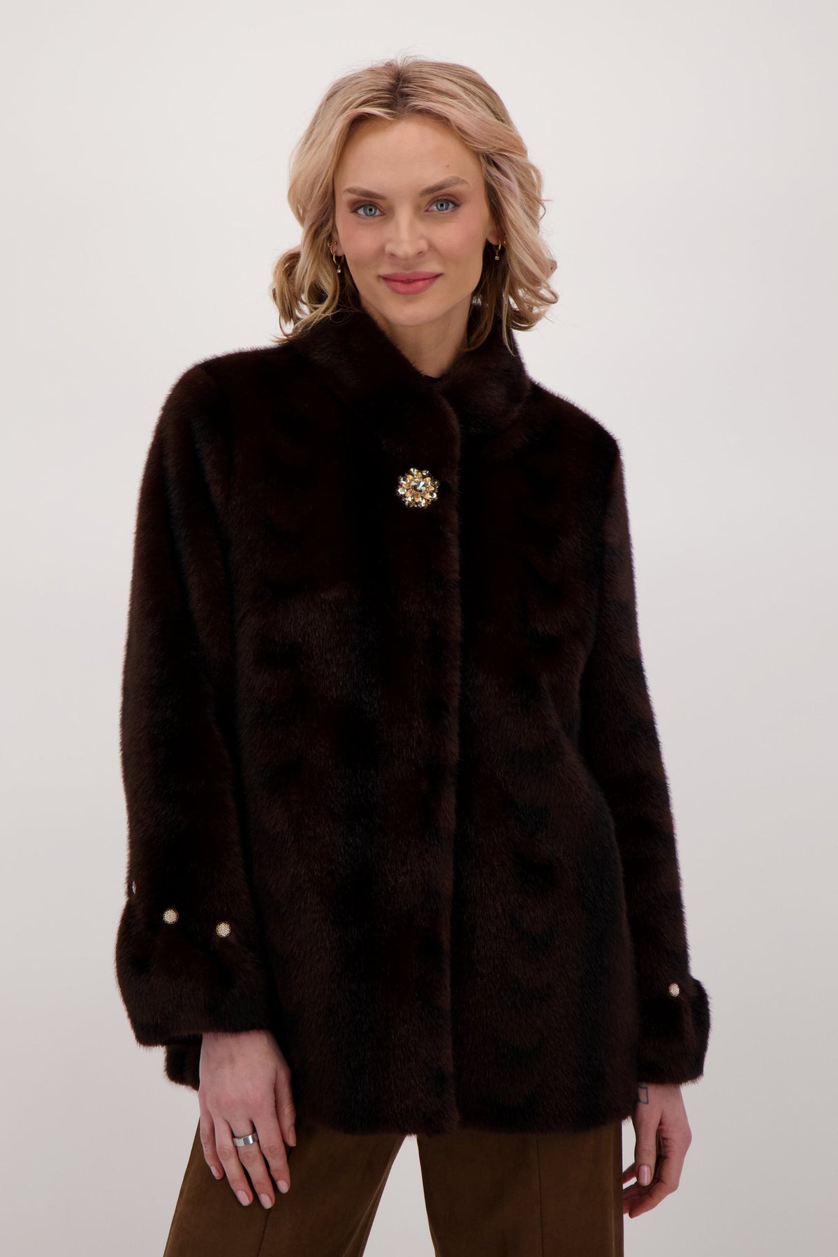 Faux Fur Jacket With Detachable Jeweled Button