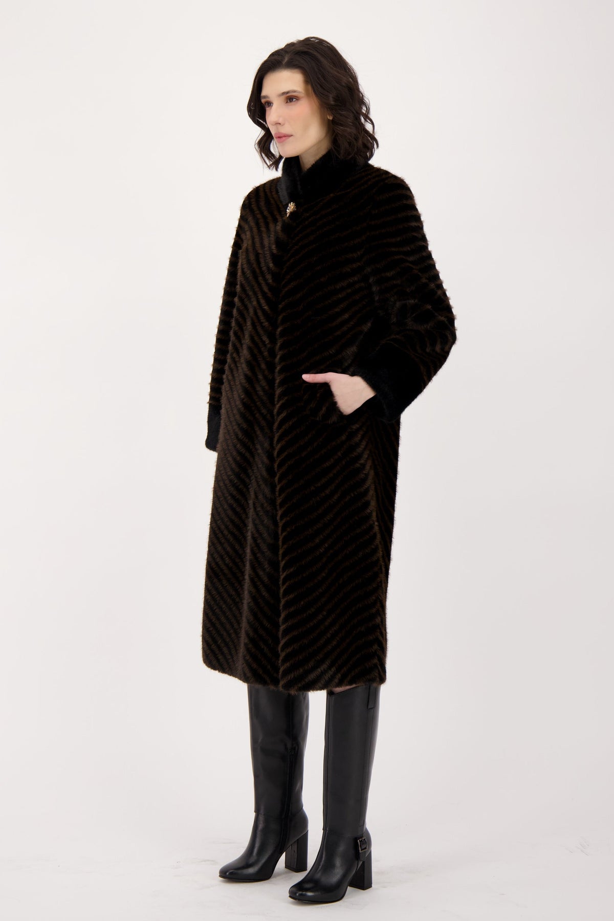Two Tone Chevron Coat With Detachable Jeweled Button