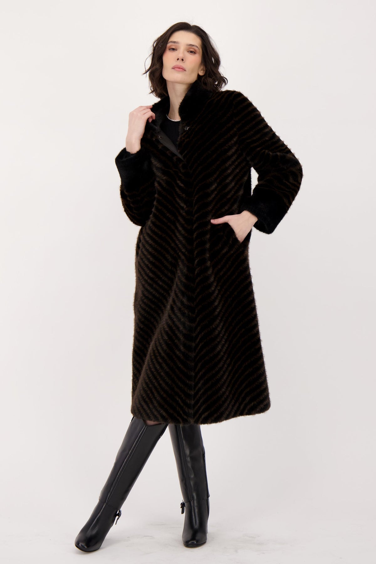 Two Tone Chevron Coat With Detachable Jeweled Button