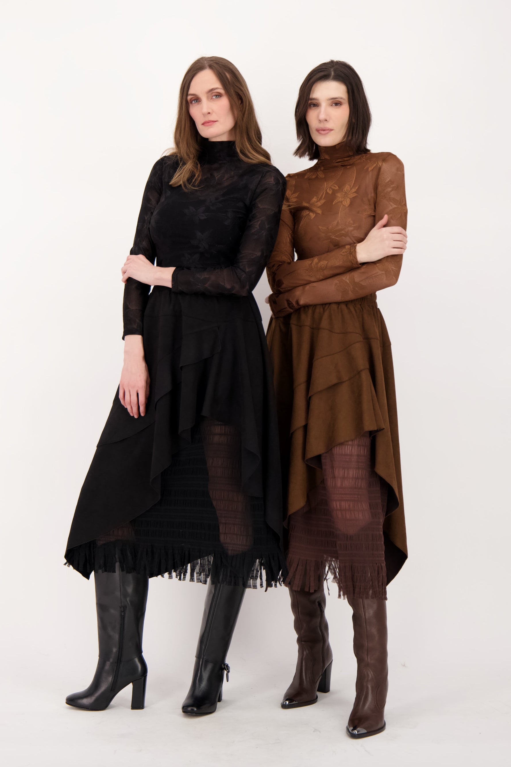 Layered Vegan Sueded Mesh Fringe Skirt