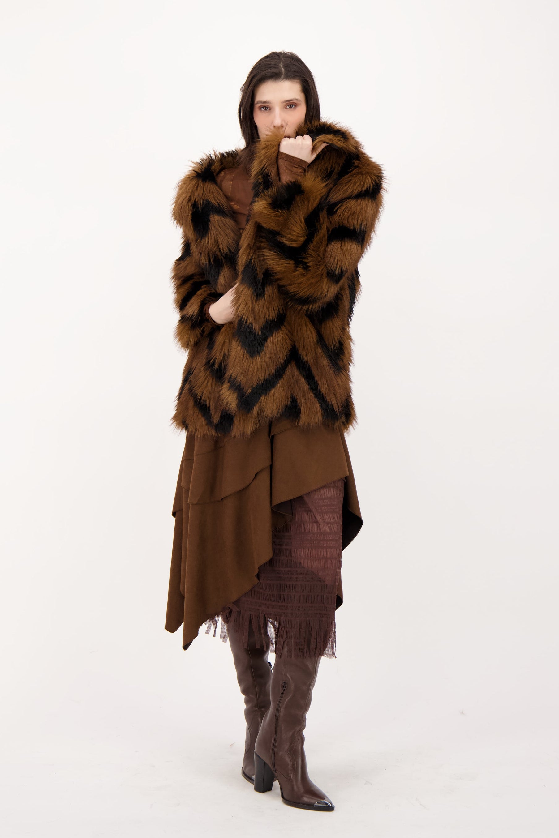Layered Vegan Sueded Mesh Fringe Skirt