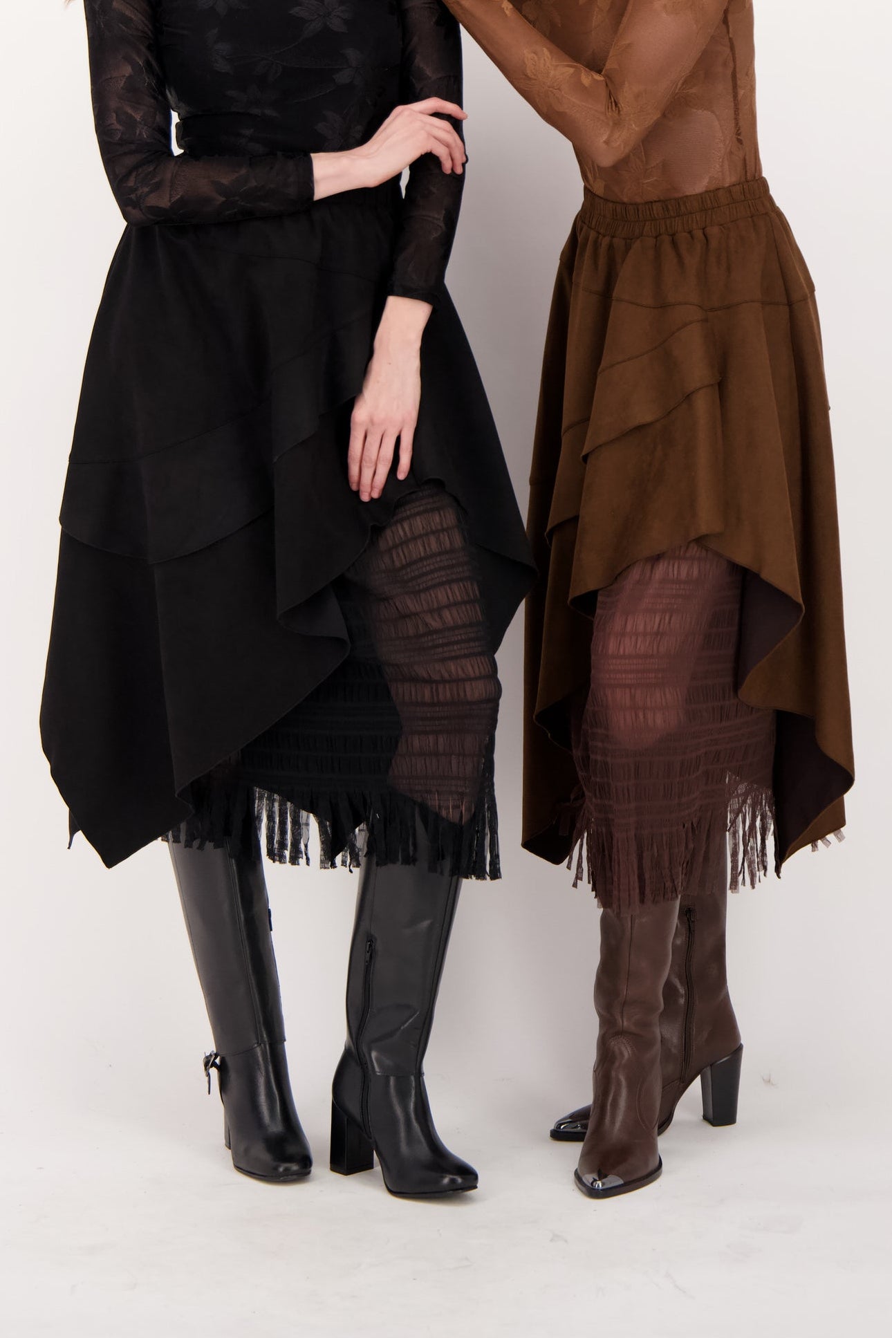 Layered Vegan Sueded Mesh Fringe Skirt