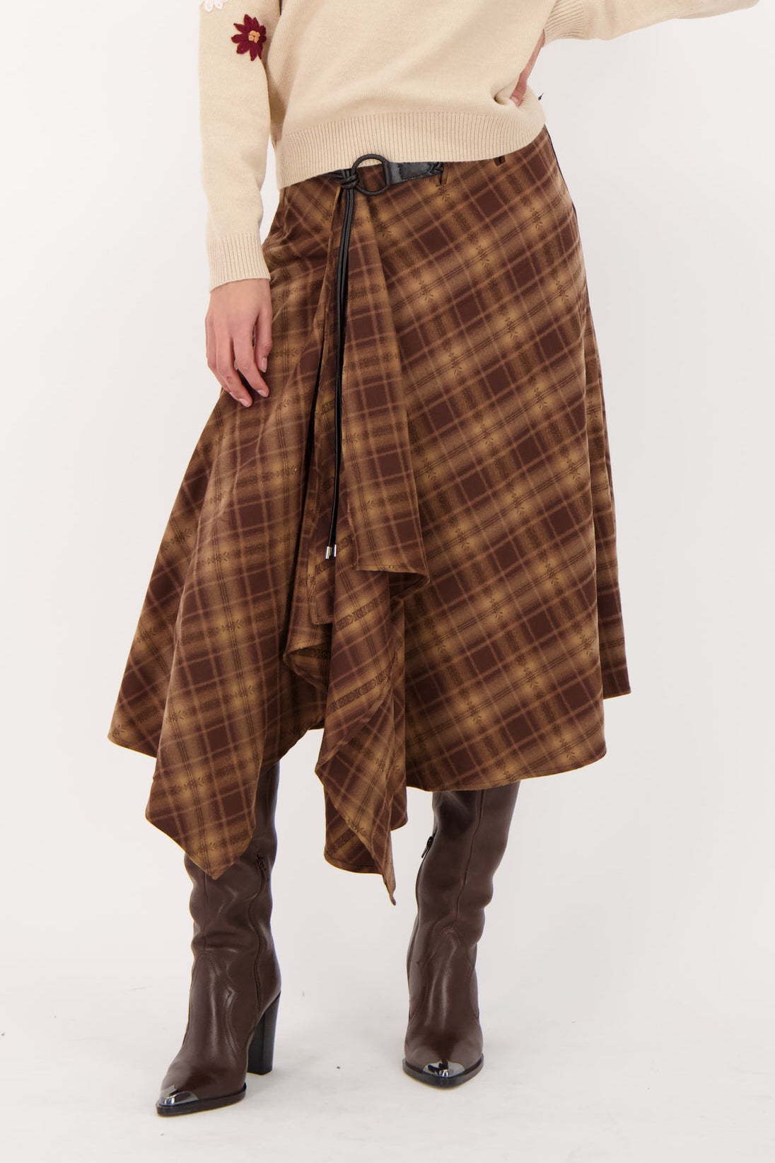 Plaid Asymmetrical Belted Skirt