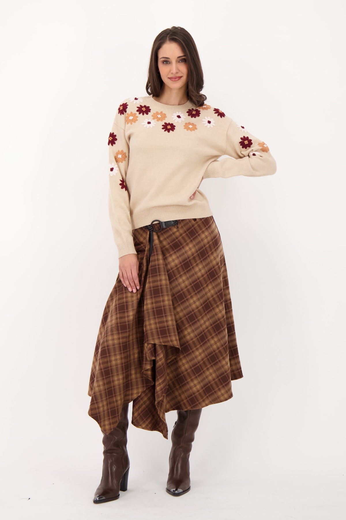 Plaid Asymmetrical Belted Skirt