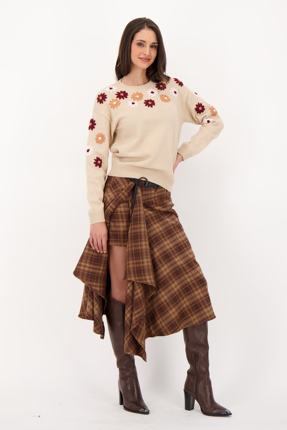 Plaid Asymmetrical Belted Skirt