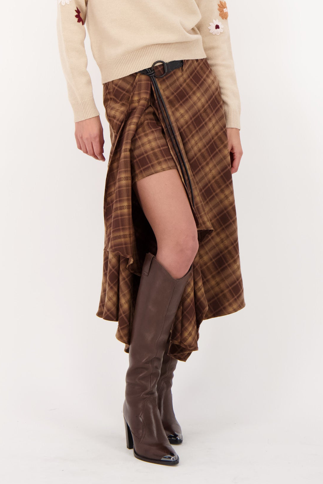 Plaid Asymmetrical Belted Skirt