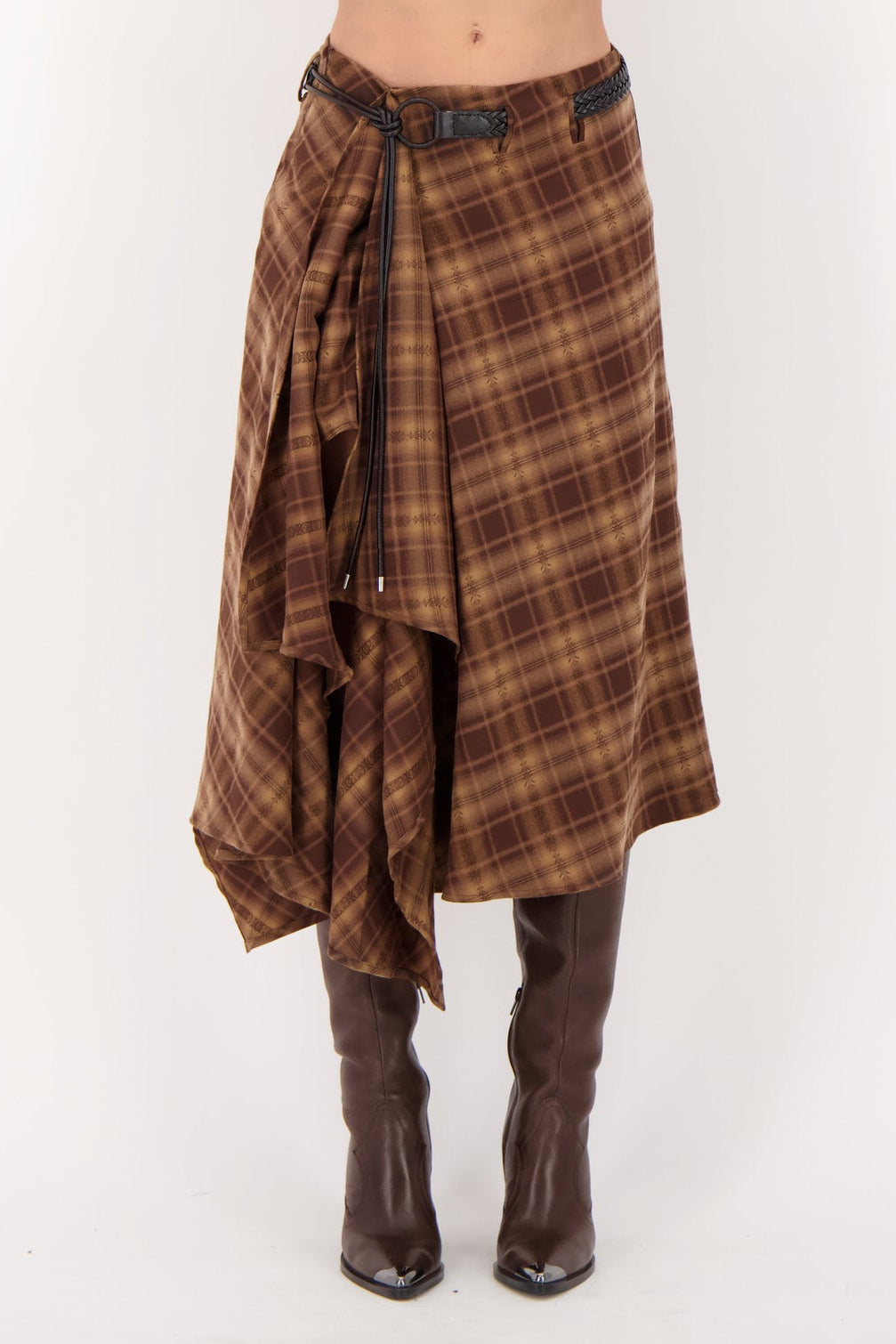 Plaid Asymmetrical Belted Skirt
