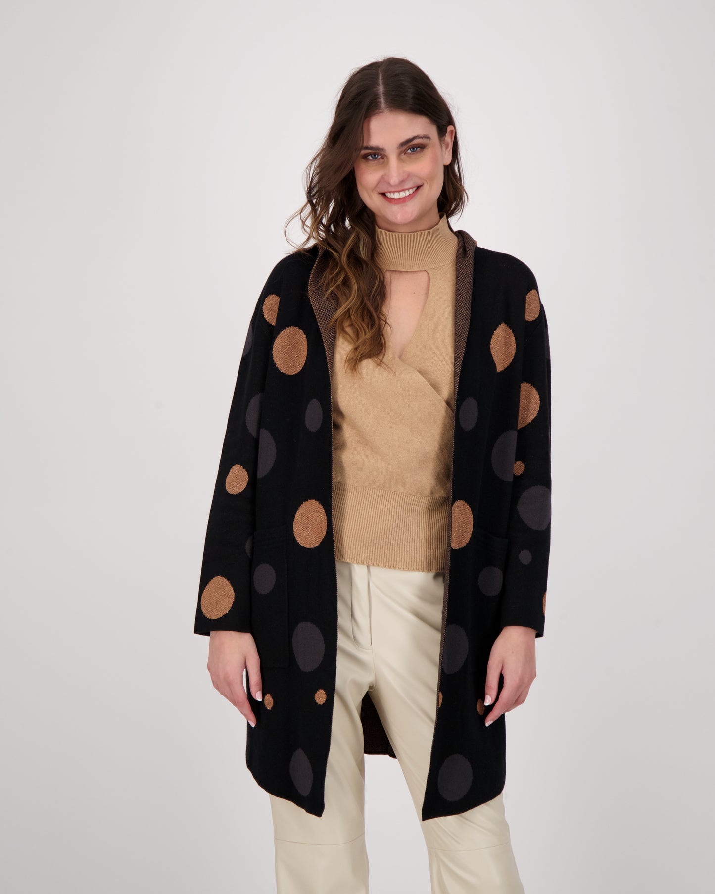 Polka Hooded Open Front Cardigan With Pockets