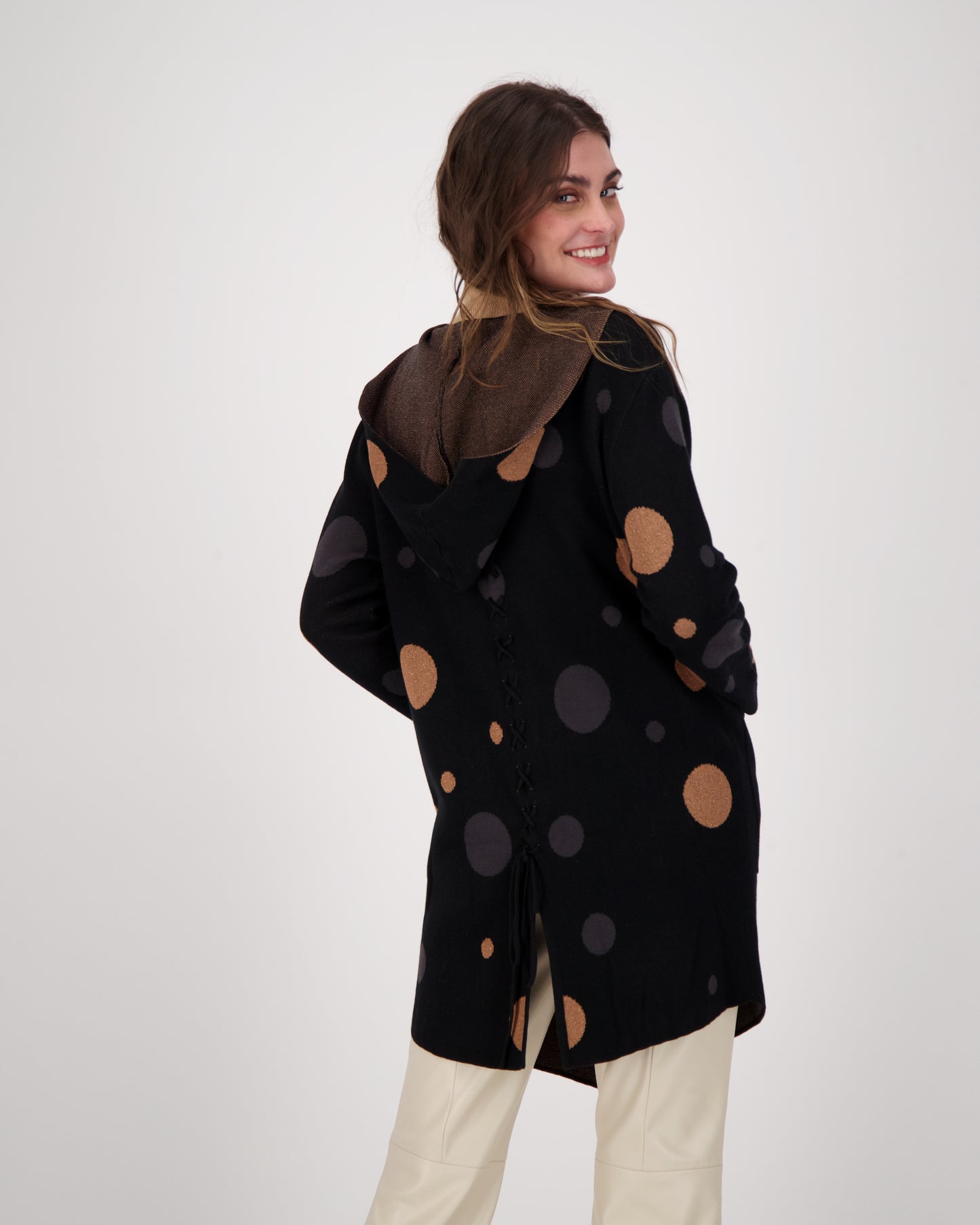 Polka Hooded Open Front Cardigan With Pockets