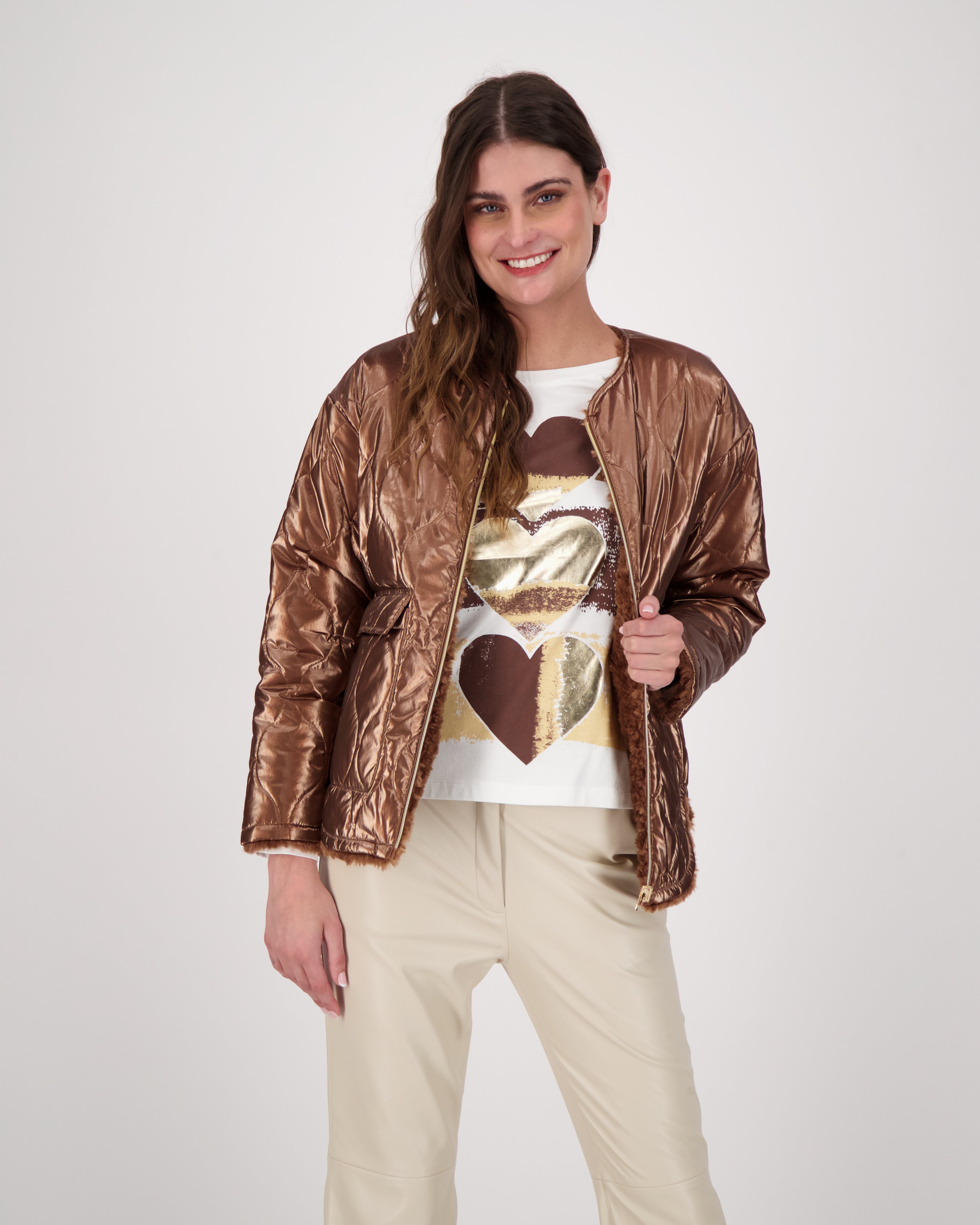 Metallic rose print puffer on sale jacket