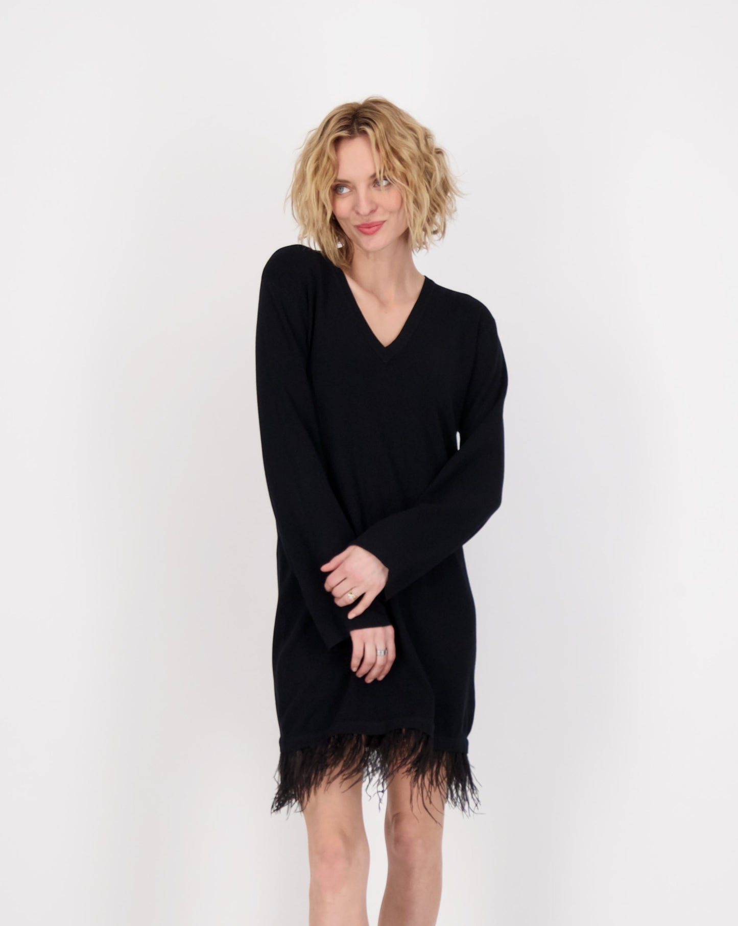 Feather Trim Knit Dress