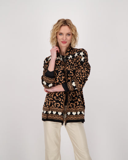 Leopard Star Intarsia Fringed Front Open Cardigan