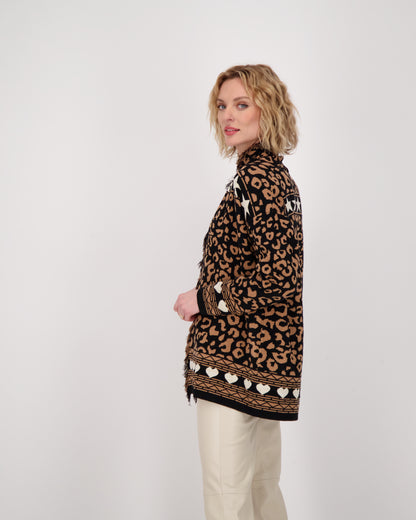 Leopard Star Intarsia Fringed Front Open Cardigan