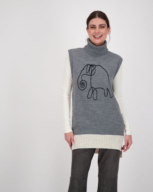 Line Art Melange Sleeveless Turtle Neck Sweater