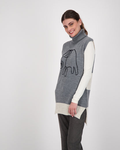Line Art Melange Sleeveless Turtle Neck Sweater