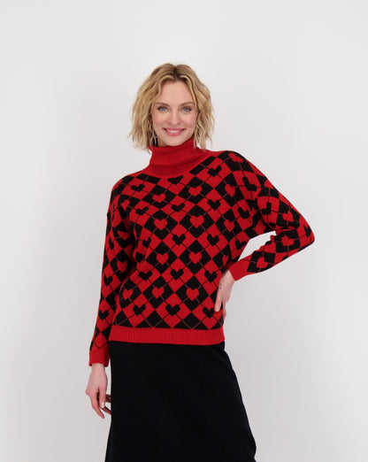 Heart Plaid Turtle Neck Sweater
