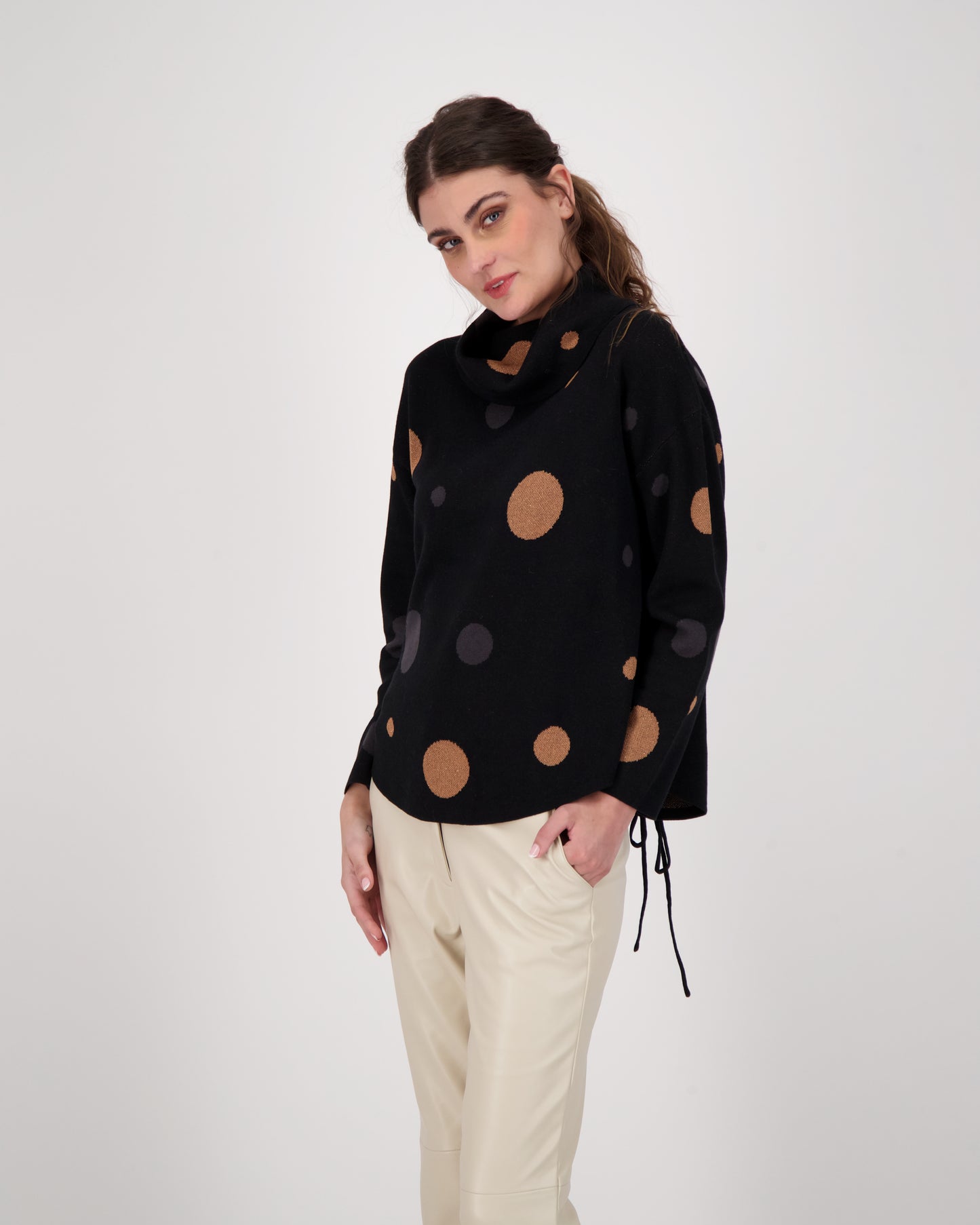 Polka Mock Neck Sweater With Back Tie-Up