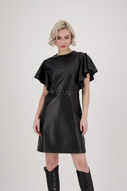 Ruffle Sleeve Faux Leather Dress With Metal Studs