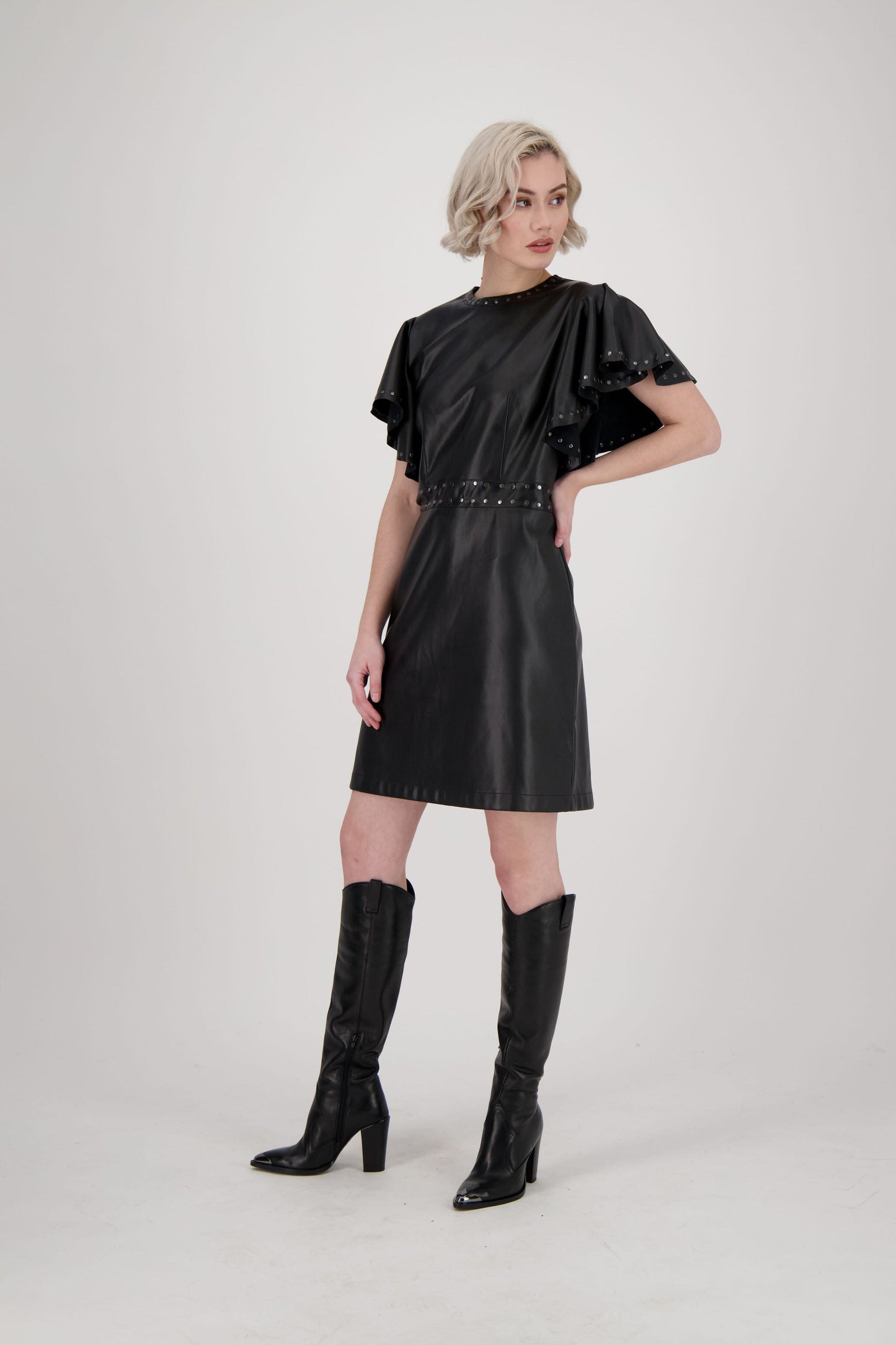 Ruffle Sleeve Faux Leather Dress With Metal Studs