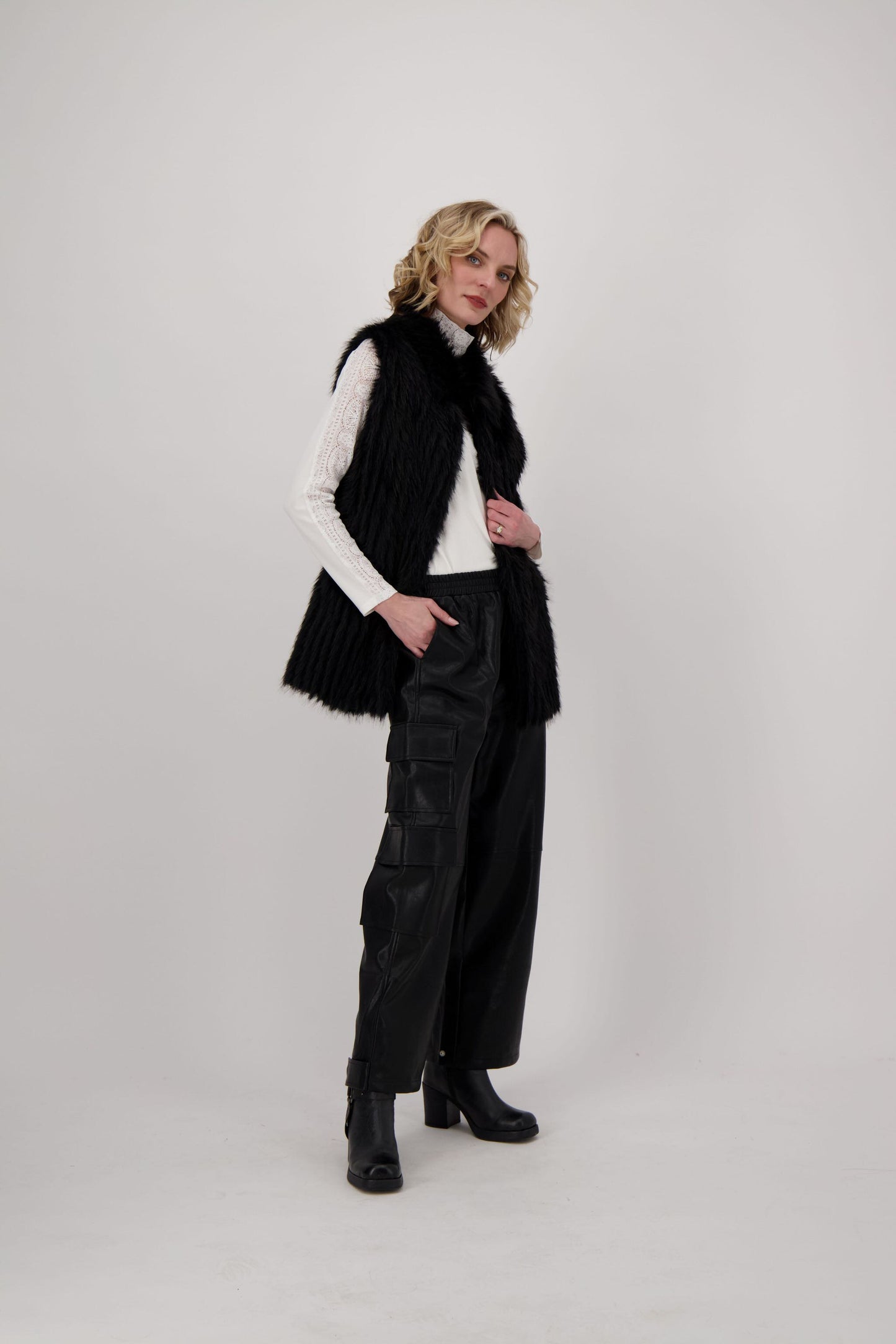 Collared Faux Fur Sleeveless Coat