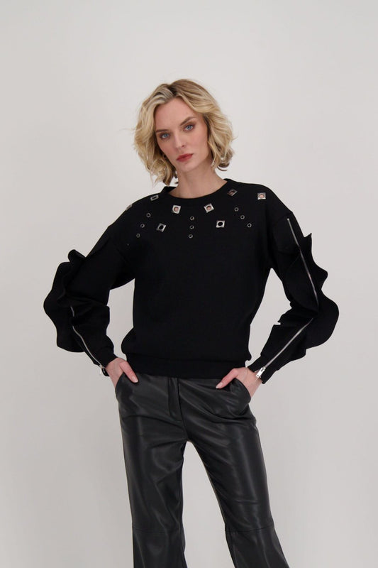 Eyelet Embellished Ruffle Sleeve Sweatshirt