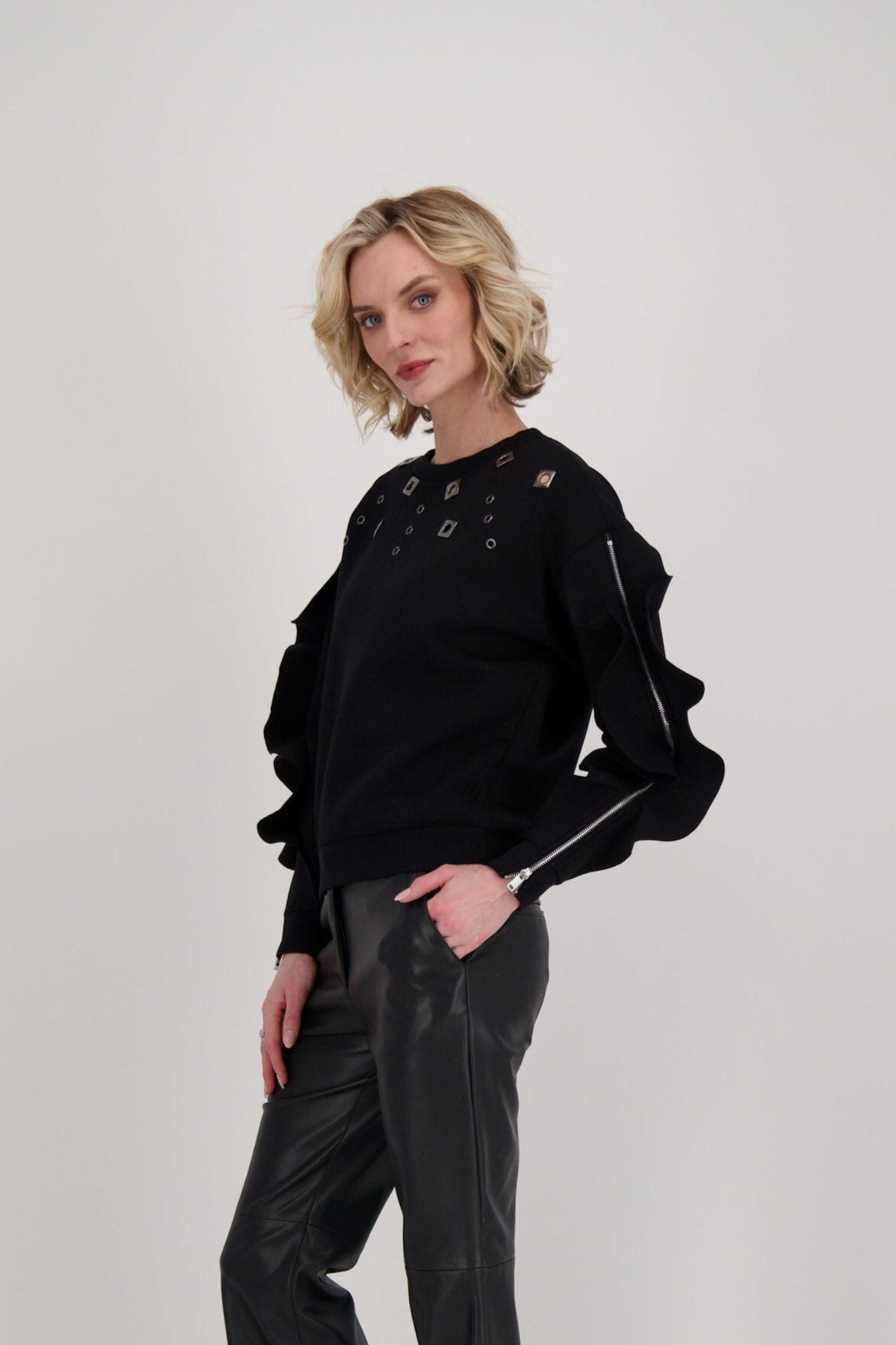Eyelet Embellished Ruffle Sleeve Sweatshirt