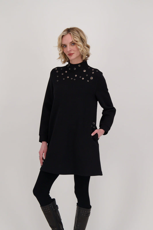 Eyelet Embellished Mock Neck Dress