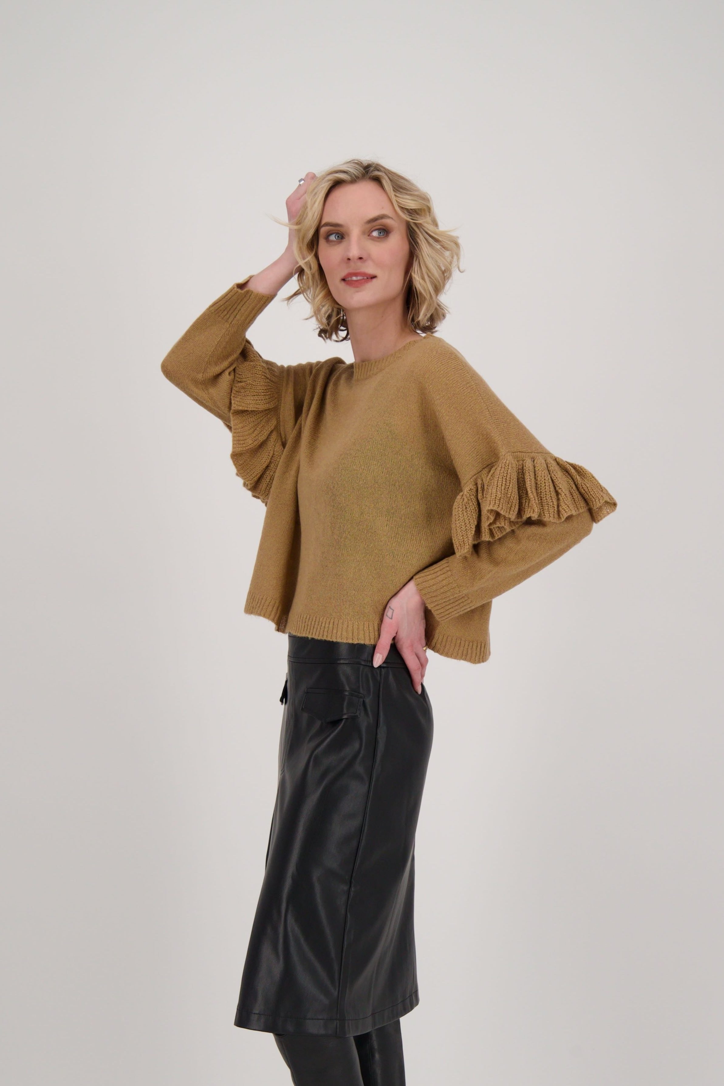 Ruffle Sleeve Crew Neck Sweater