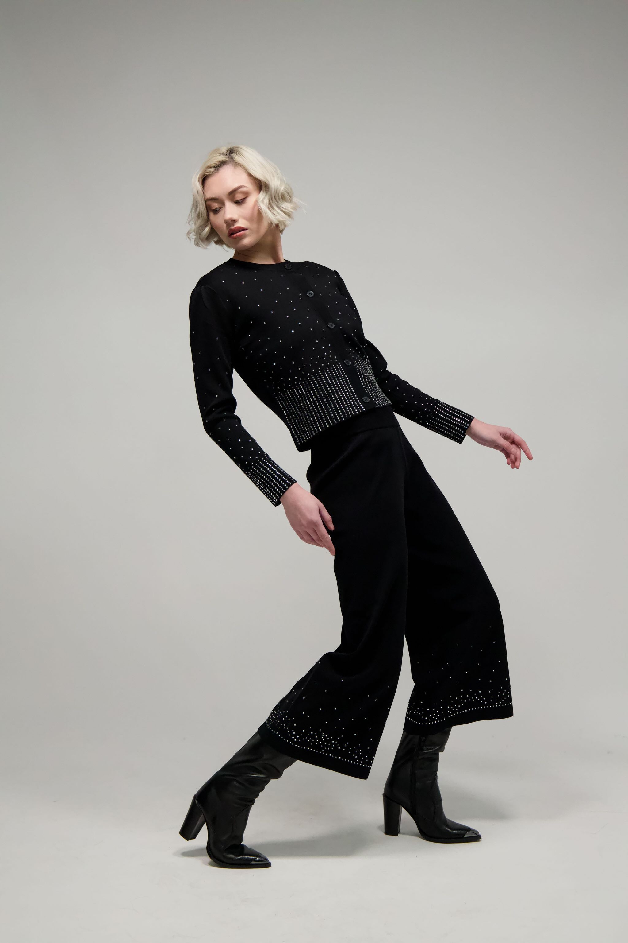 Crystal Embellished Wide Leg Knit Pant