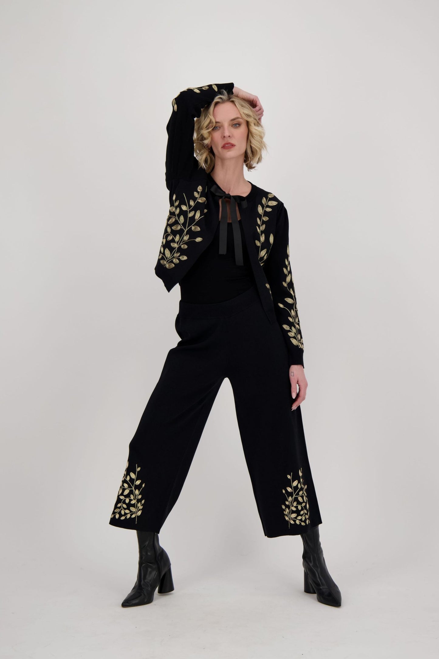 Gold Metallic Cord Braided Embroidered Wide Leg Pant