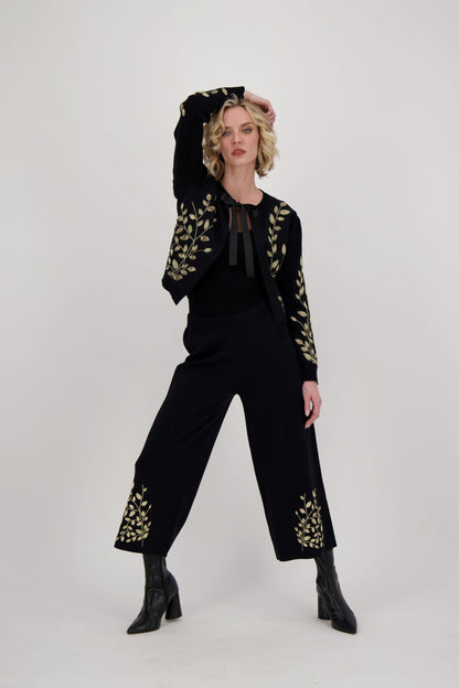 Gold Metallic Cord Braided Embroidered Wide Leg Pant