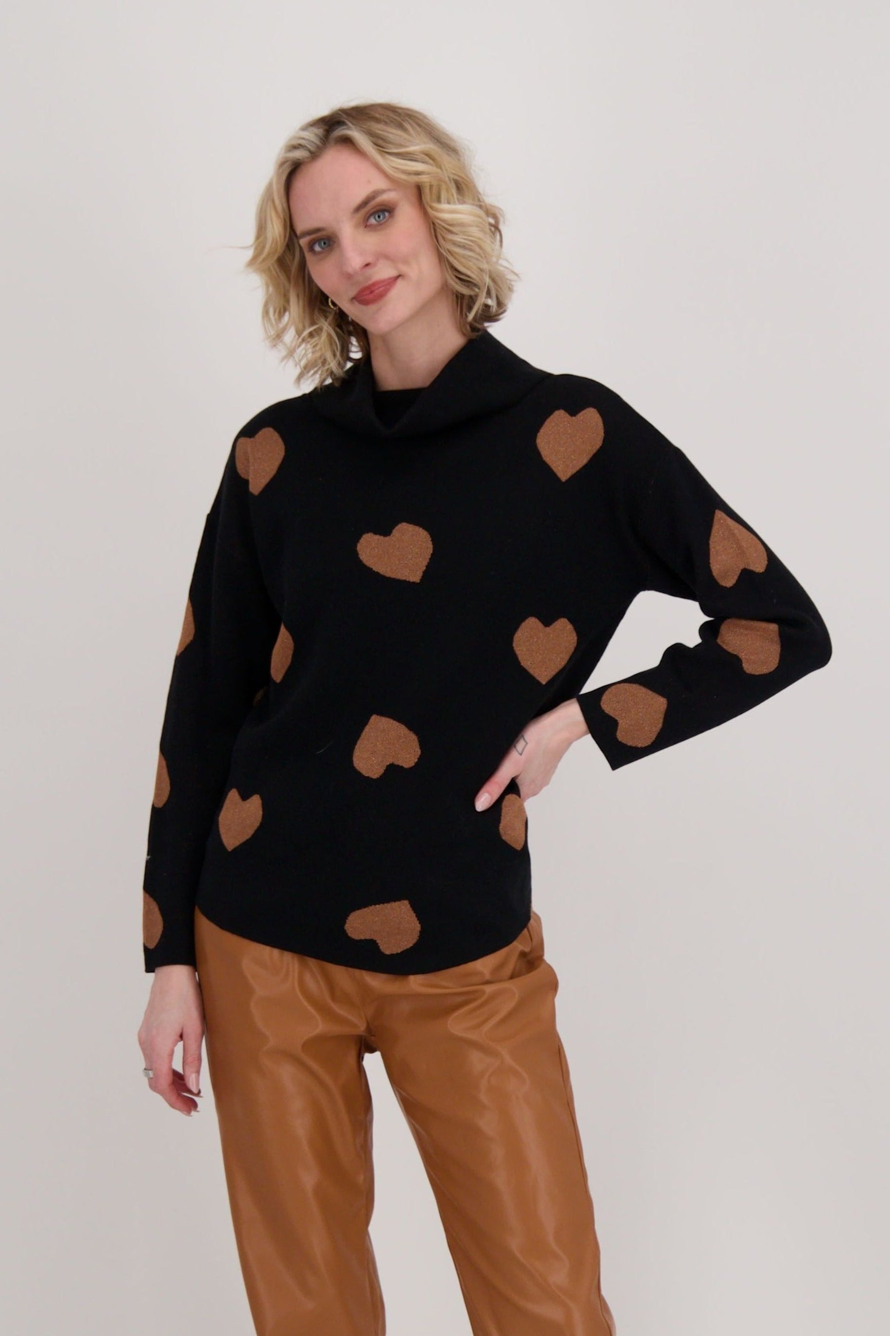 Brown Hearts Mock Neck Sweater With Back Tie-Up