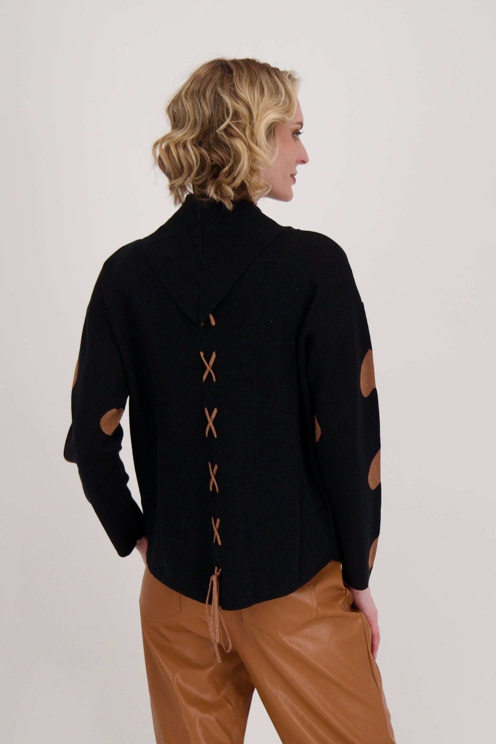 Brown Hearts Mock Neck Sweater With Back Tie-Up