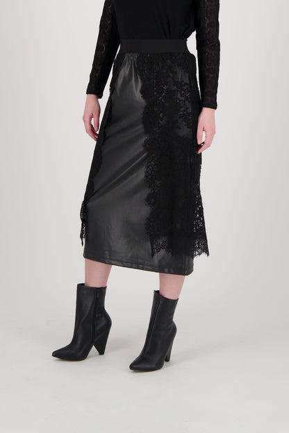 Faux Leather Midi Skirt With Layered Lace Panels