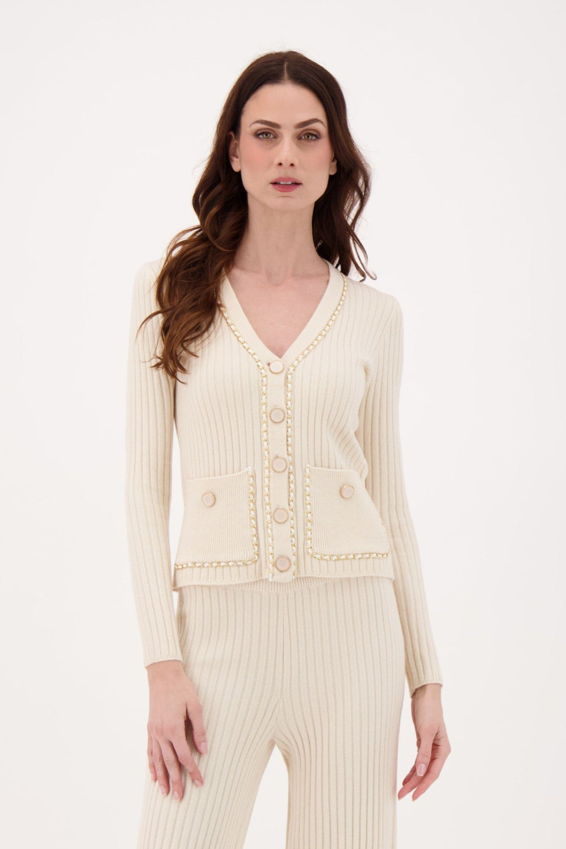 Chain Details Rib Knit Cardigan