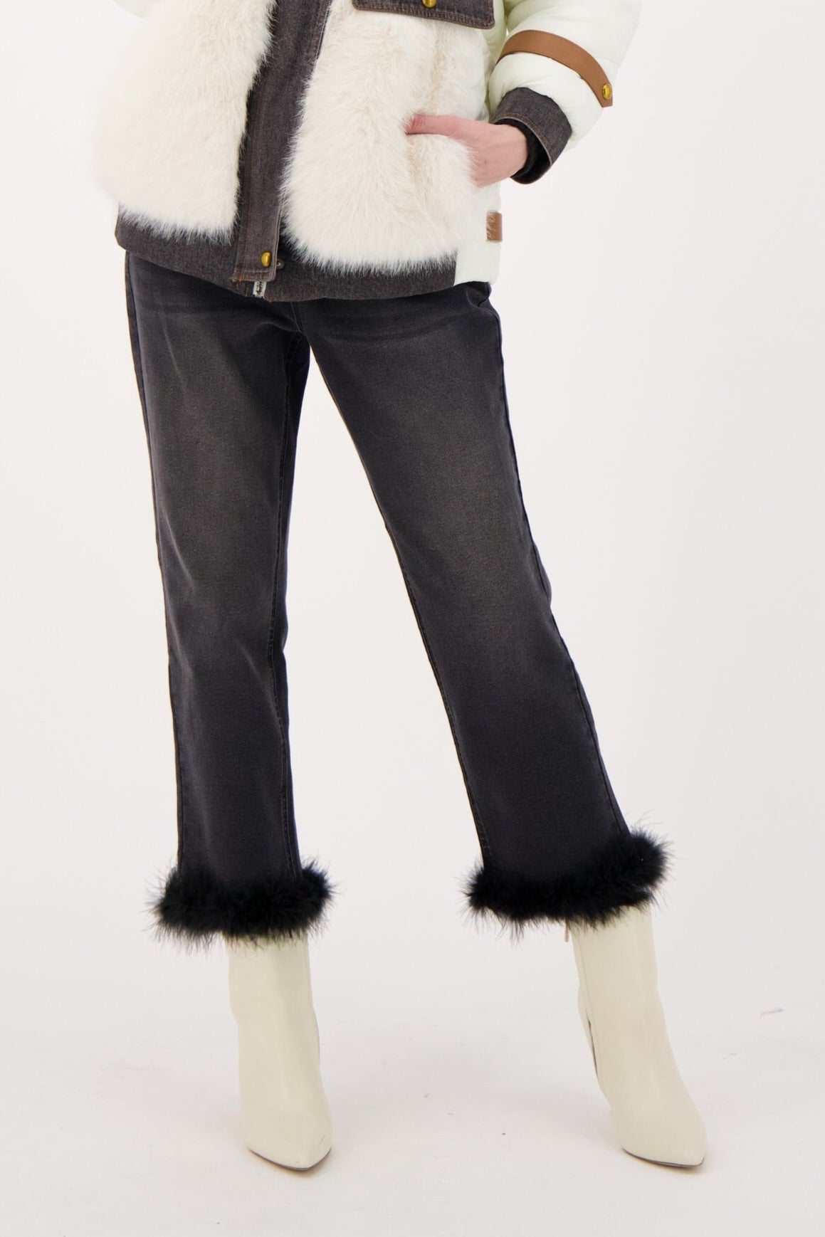 Removable Faux Fur Hem Trim Denim